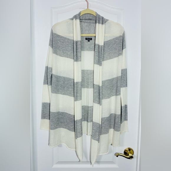Splendid Sweaters - Splendid Cashmere Touch Striped Knit Drape Cardigan Gray & Ivory Size Small